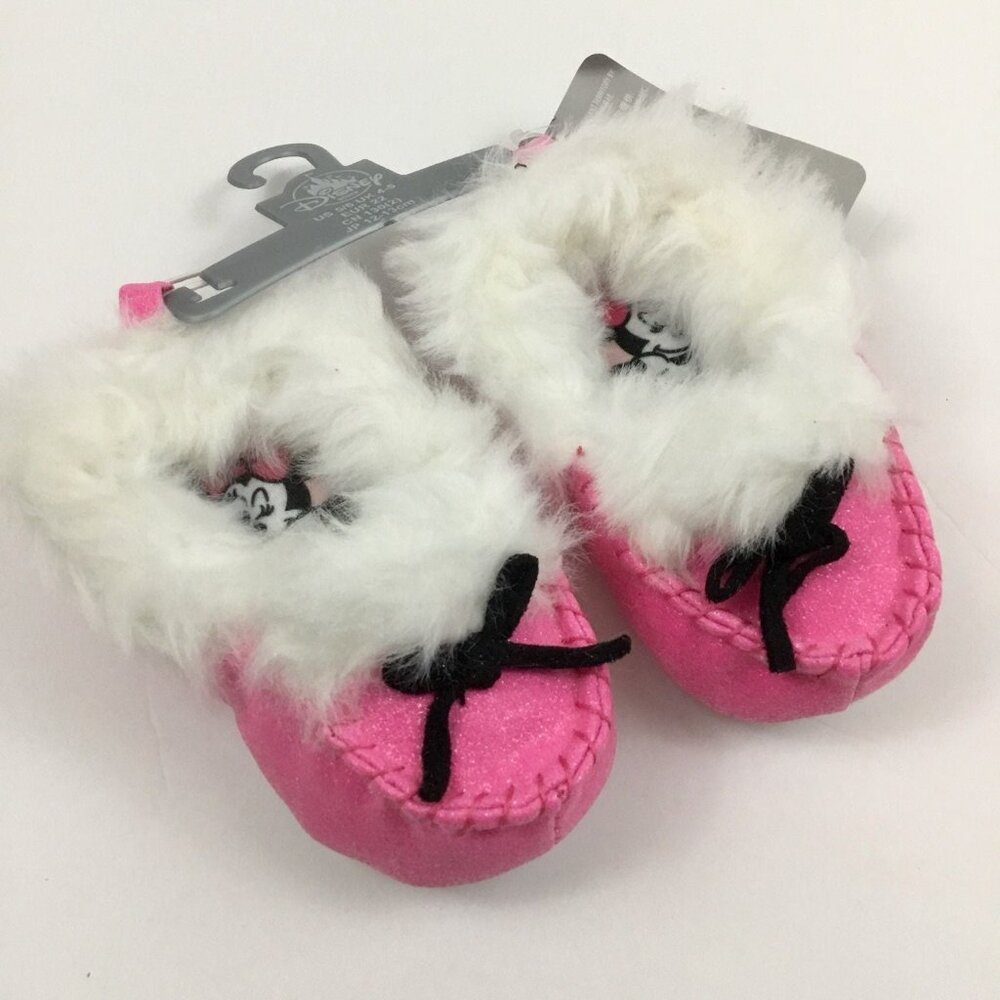 Disney Minnie Mouse Baby 5/6 Moccasin Slippers House Shoes White Faux Fur Bow